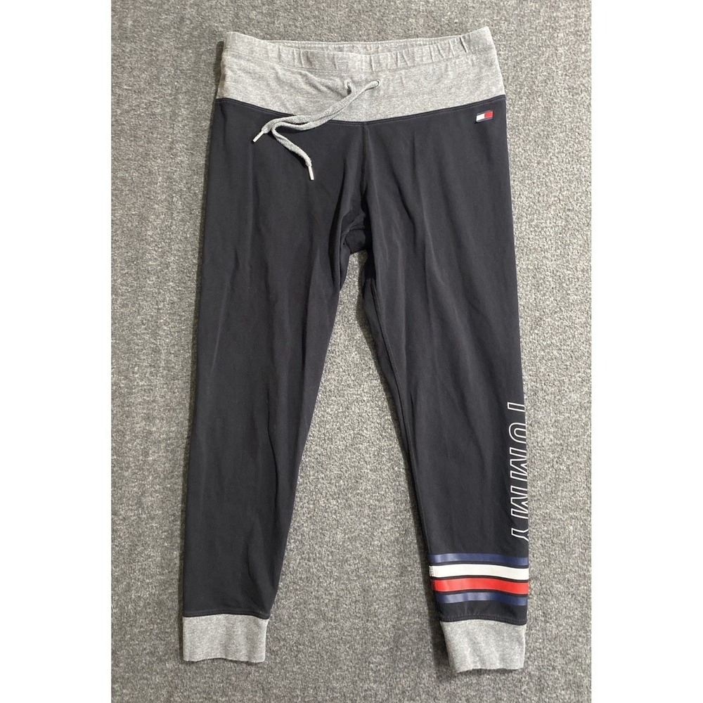 Tommy Hilfiger Sport Womens Leggings Athletic Drawstring Logo Black Gray L